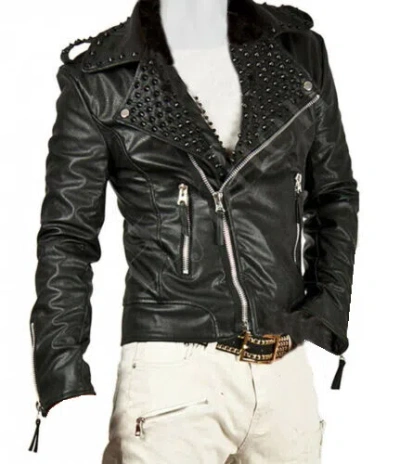 Pre-owned Handmade Mens  Black Tonal Studded Punk Rock Cowhide Biker Leather Jacket