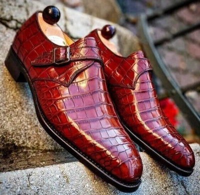 Pre-owned Handmade Mens  Red Alligator Leather Dress Shoe, Formal Dress Monk Strap Shoes