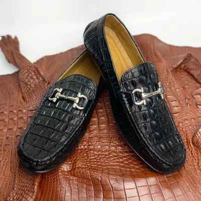 Pre-owned Handmade Mens Horsebit Moccasins Loafers Shoes Size 12 Alligator Leather Elegant Penny In Black