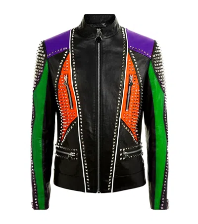 Pre-owned Handmade Mens Multicolor Philip Plein Silver Studded Zippered Party Leather Jacket