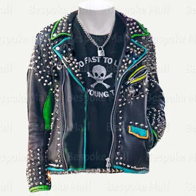 Pre-owned Handmade Mens Multicolor Silver Studded Punk Unique Cowhide Biker Leather Jacket-317