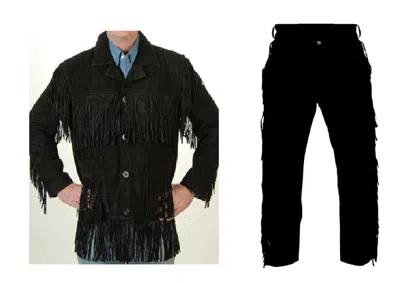 Pre-owned Handmade Mens Old Western Cowboy Black Suede Leather Fringes Jacket & Pant Wsp29