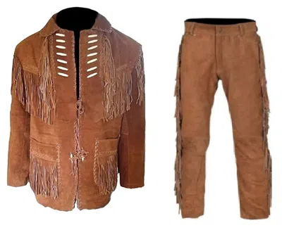 Pre-owned Handmade Mens Old Western Cowboy Brown Buckskin Suede Leather Fringes Jacket & Pant Wsp17