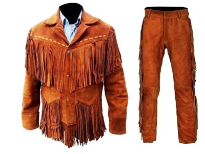 Pre-owned Handmade Mens Old Western Cowboy Brown Suede Leather Fringes Jacket & Pant Wsp51