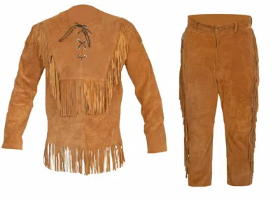 Pre-owned Handmade Mens Old Western Cowboy Cognac Brown Suede Leather Fringes Shirt & Pant Wsp06
