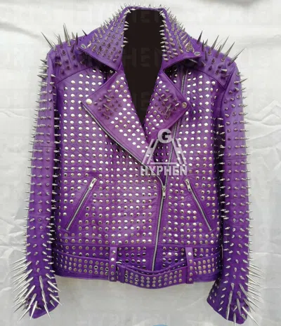 Pre-owned Handmade Mens Punk Purple Full Silver Long Spiked Studded Brando Biker Leather Jacket