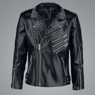 Pre-owned Handmade Mens Punk Style Black Sliver Studded Brando Biker Leather Jacket