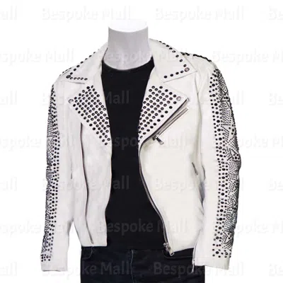 Pre-owned Handmade Mens Punk White Silver Studded Star Sleeve Design Cowhide Leather Jacket-153