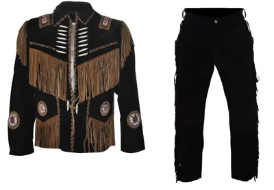 Pre-owned Handmade Mens Western Cowboy Black Suede Leather Fringes Beaded Jacket & Pant Wjp24