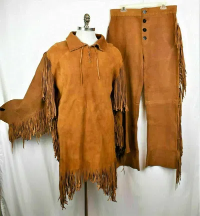 Pre-owned Handmade Mens Western Cowboy Brown Suede Leather Mountain Man Fringes Shirt & Pant Wsp302