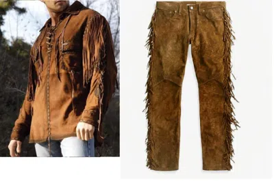 Pre-owned Handmade Mens Western Cowboy Brown Suede Leather Mountain Man Fringes Shirt & Pant Wst114