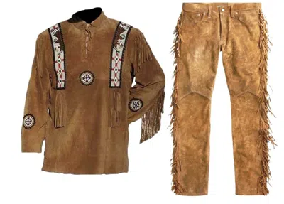 Pre-owned Handmade Mens Western Cowboy Cognac Brown Suede Leather Fringe Beaded Shirt & Pant Wsp124