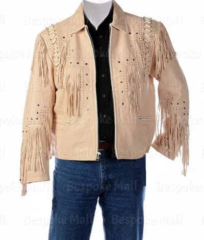 Pre-owned Handmade Mens Western Native America Cream Cowboy Leather Jacket Fringes Beads-92 In White