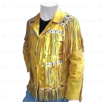Pre-owned Handmade Mens Yellow Western American Cowboy Leather Jacket Fringes Bone Beads-87