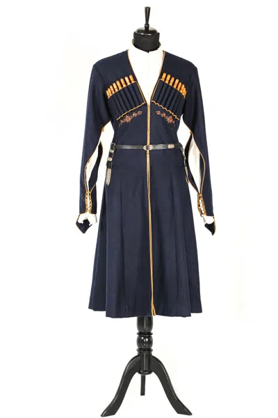 Pre-owned Handmade Men's Chokha / Akhalukhi (georgian ) In Deep Blue And Beige