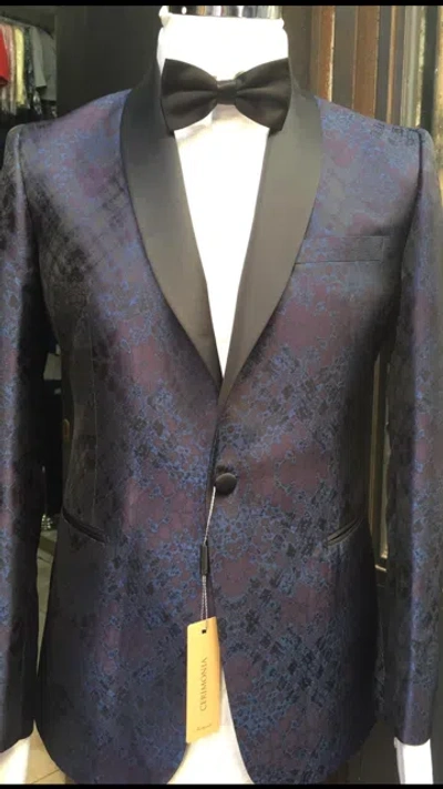 Pre-owned Handmade Mid Night Blue Tuxedo With Black Silk Shawl Lapel - Made In Italy