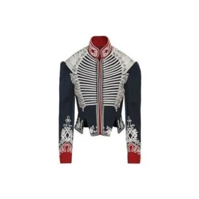 Pre-owned Handmade Military Jacket Navy Blue And Red Wool Coat