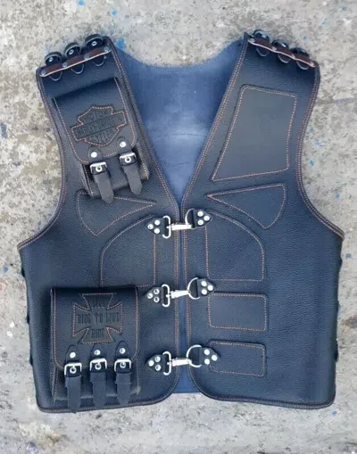 Pre-owned Handmade Motorcycle Vest For Unisex  Motorcycle Vest Leather Vest In Black