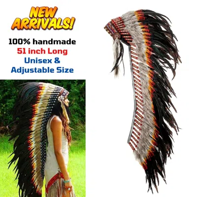 Pre-owned Handmade Native American Indian Inspired Feather Headdress Tribal Halloween Costume Props In Multi-color