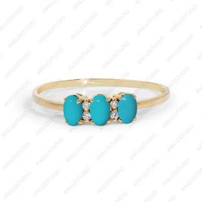 Pre-owned Handmade Natural Arizona Turquoise Trio, Dainty Ring Size 7 14k Yellow Gold For Girls