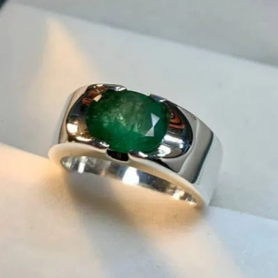 Pre-owned Handmade Natural Deep Green Emerald Mens Ring Sterling Silver 925 Emerald Ring For Men