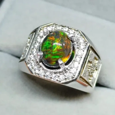 Pre-owned Handmade Natural Ethiopian Fire Black Opal Stone Ring Genuine Black Fire Opal Stone Ring