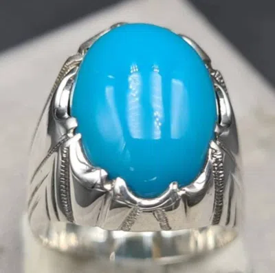 Pre-owned Handmade Natural Mens Feroza Ring Real Turquoise Ring Rare Feroza Ring Nature Of Feroza In Blue