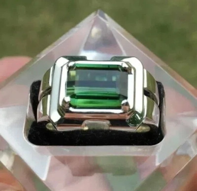 Pre-owned Handmade Natural Mens Green Tourmaline Ring Sterling Silver 925  Ring Emerald Cut