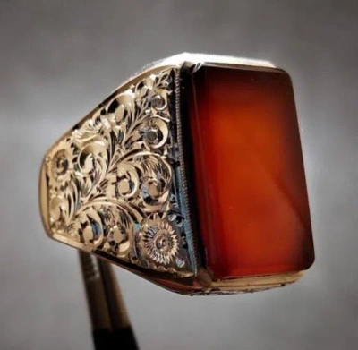 Pre-owned Handmade Natural Mens Red Yemen Agate Ring Red Carnelian Ring For Men Silver 925