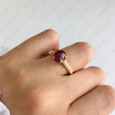 Pre-owned Handmade Natural Ruby 18k Yellow Gold Stackable Dainty, Solitaire Ring Size 7 For Girls