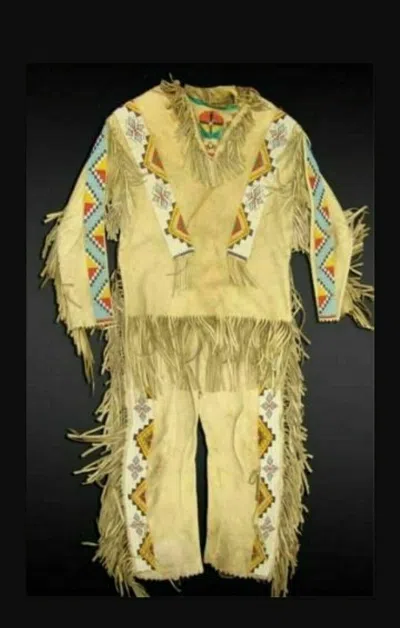 Pre-owned Handmade Old 1800 Style Beaded Fringe Beige Buckskin Hide War Shirt & Leggings Nsp405