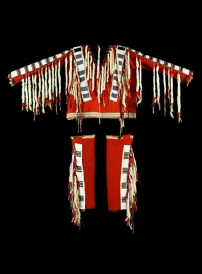 Pre-owned Handmade Old 1800 Style Beaded Fringe Red Buckskin Hide Powwow War Shirt Leggings Nsl403
