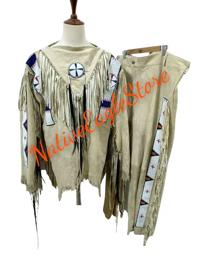 Pre-owned Handmade Old 1800 Style Beige Buckskin Suede Hide Beaded War Shirt & Pant Leggings Nsp88