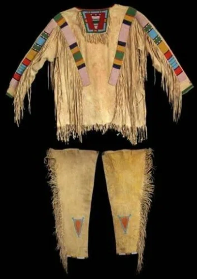 Pre-owned Handmade Old 1800 Style Crow Beaded Fringe Tan Buckskin Hide War Shirt & Leggings Nsl404
