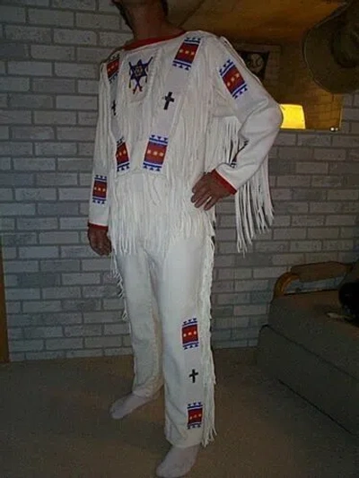 Pre-owned Handmade Old 1800 Style White Buckskin Leather Beaded Fringe Shirt & Pant Leggings Nsp39