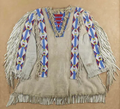 Pre-owned Handmade Old American Beige Buckskin Suede Leather Fringe Beaded Powwow War Shirt Wbs817