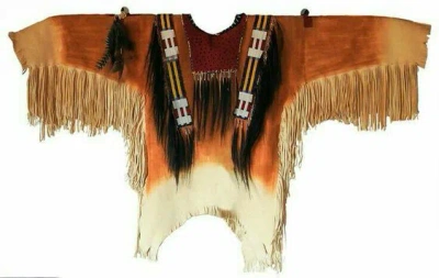 Pre-owned Handmade Old American Hand Colored Buckskin Leather Beaded Fringe Powwow War Shirt Pws233