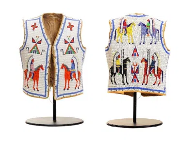 Pre-owned Handmade Old American Sioux Style Fully Beaded Powwow Regalia Beaded Vest Prv143 In Beige
