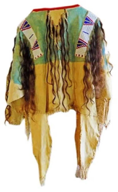 Pre-owned Handmade Old American Style Beaded Fringe Buckskin Suede Leather Powwow War Shirt Nbs528 In Hand Colored