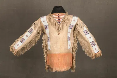 Pre-owned Handmade Old American Style Beaded Fringe Buckskin Suede Leather Powwow War Shirt Pws49 In Hand Colored