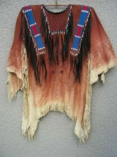 Pre-owned Handmade Old American Style Beaded Fringe Buckskin Suede Leather Powwow War Shirt Wbs453 In Hand Colored