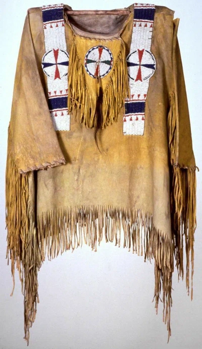 Pre-owned Handmade Old American Style Beaded Fringe Colored Buckskin Leather Powwow War Shirt Ws191 In Hand Colored