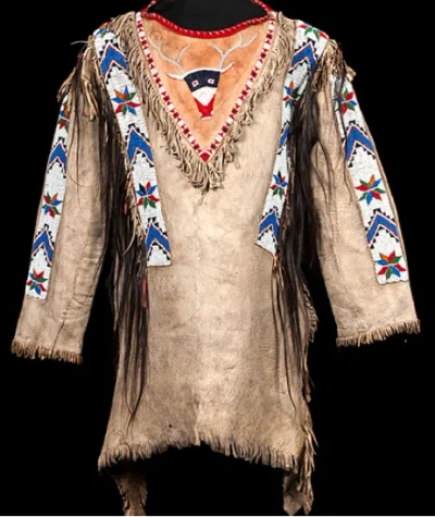 Pre-owned Handmade Old American Style Beige Buckskin Suede Hide Fringe Bead Powwow War Shirt Bs1065