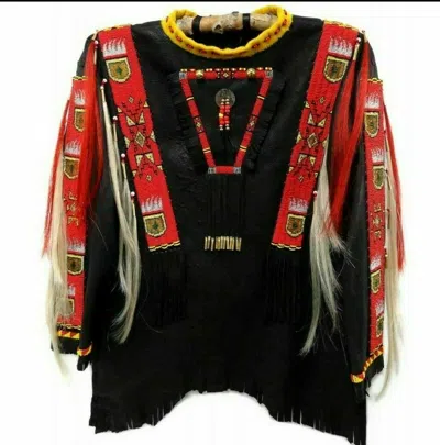 Pre-owned Handmade Old American Style Black Leather Fringes Beaded Powwow War Shirt Ws205