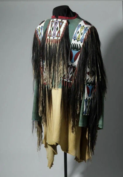 Pre-owned Handmade Old American Style Hand Color Buckskin Hide Fringe Beaded Powwow War Shirt Na48 In Hand Colored