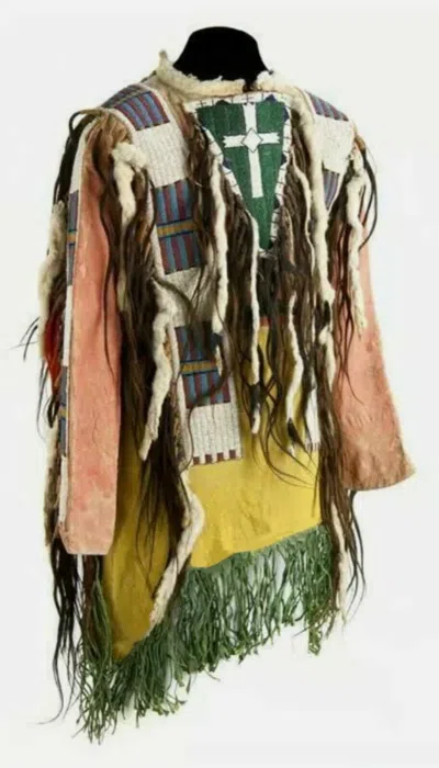 Pre-owned Handmade Old American Style  Dakota Beaded Suede Hide War Shirt Pwd08 In Beige