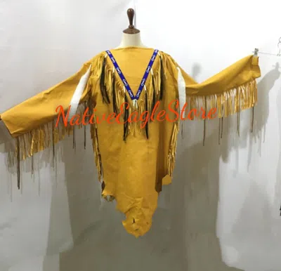 Pre-owned Handmade Old American Style Raw Leather Fringes Sioux Beaded Powwow War Shirt Nal195 In Brown
