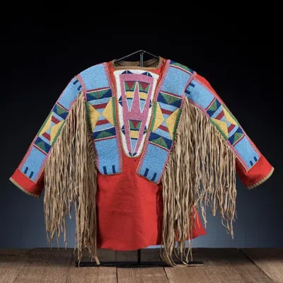 Pre-owned Handmade Old American Style Red Suede Hide Fringes Crow Beaded Powwow War Shirt Ncr812