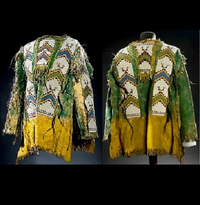 Pre-owned Handmade Old American Style Tan Suede Leather Fringes Sioux Beaded Powwow War Shirt Na400 In Tan Green Hand Colored