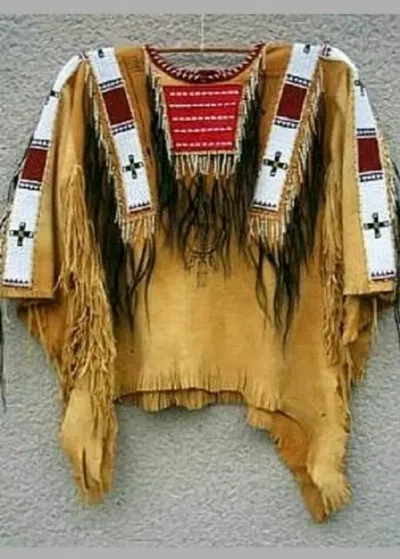 Pre-owned Handmade Old Antique Style Tan Buckskin Suede Leather Fringe Beaded Powwow War Shirt N226 In Brown
